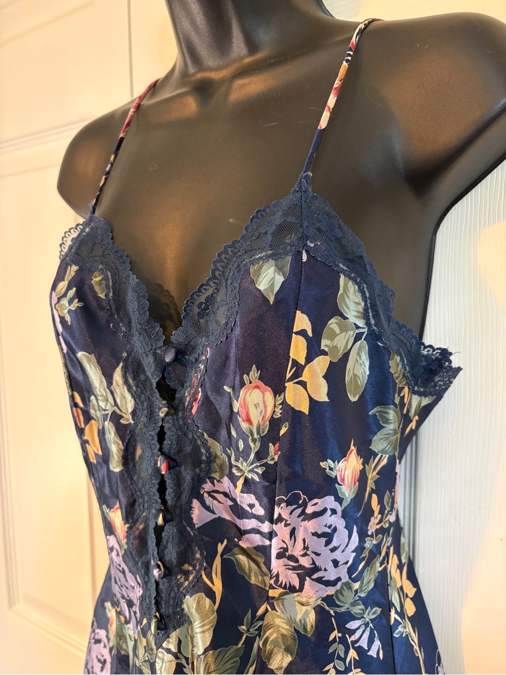 La SENZA Navy Floral Satin Lace-Trim Chemise - Picture 2 of 4